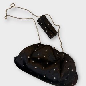 Franchi Black Satin Crystal Evening Bag with Chain & Matching Lipstick Case